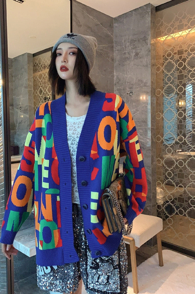Colorful Letter Knitted Oversize Cardigan - One Size / Blue