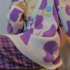 Cow Buttons Up Oversize Knitted Cardigan - Purple / S