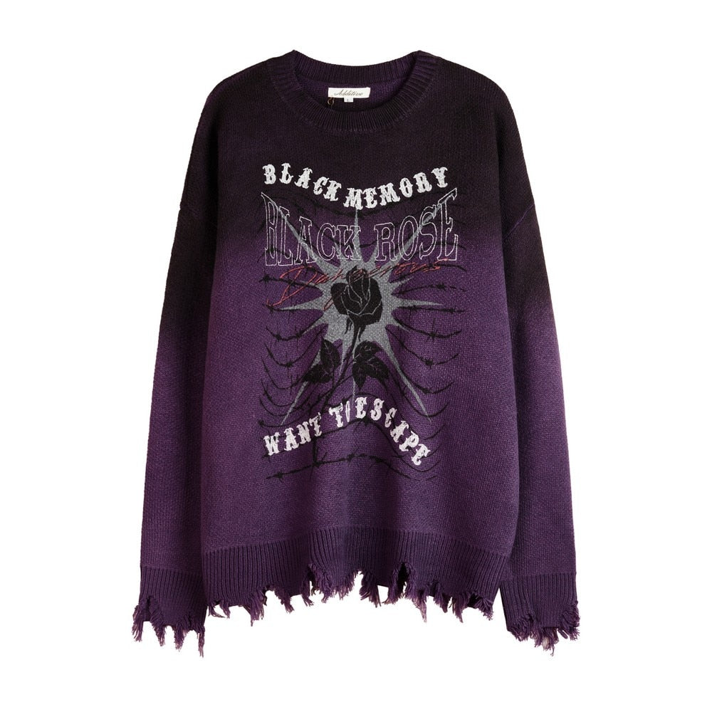 Black Rose Knitted Ripped Oversized Sweater - Purple / M