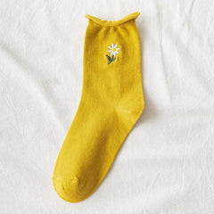 Solid Color Little Flower Socks - Yellow C / One Size