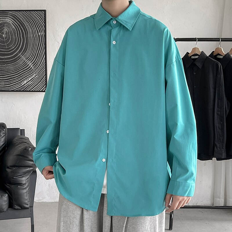 Solid Color Oversize Long Sleeve Shirt - Green / M