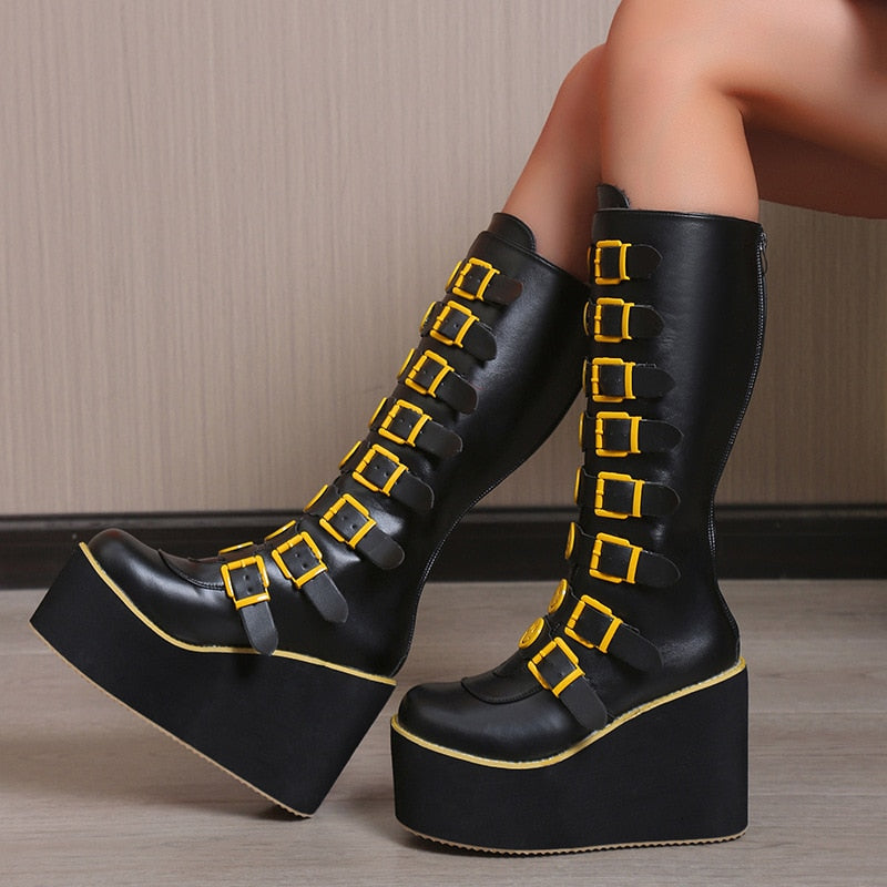 Happy Faces High Long Tube PU Leather Boots - Black-Mate /