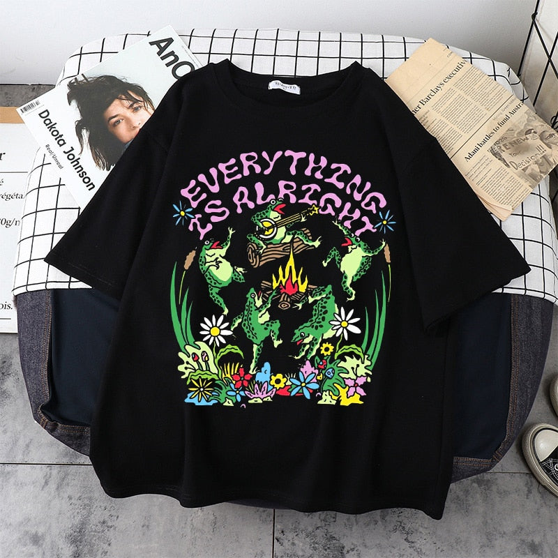 Everything Is Alright Frog Cottagecore T-Shirt - Black / S