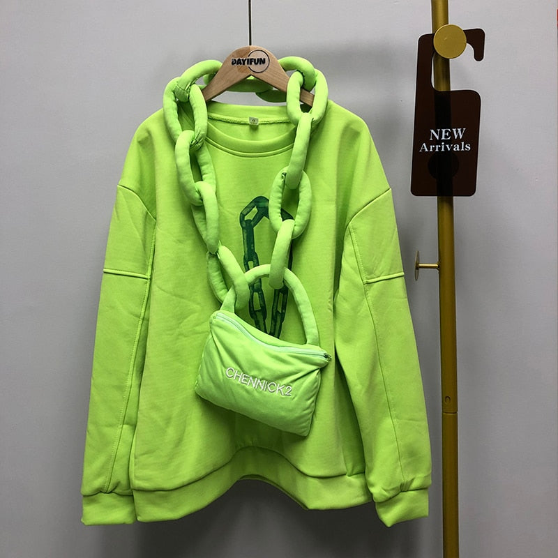Bag And Chain Long Sleeve Cute Sweatshirt - Green With / M