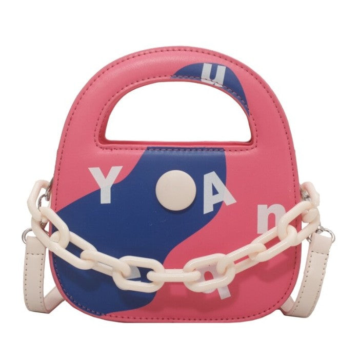 Round Handle With Chain Ornament Cute Bag - Pink / One Size