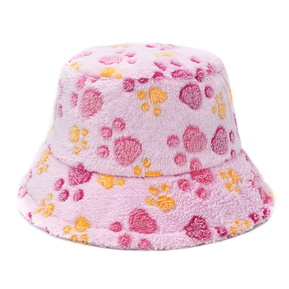 Colorful Faux Fur Bucket Hat - Pink-White / M 56-58cm