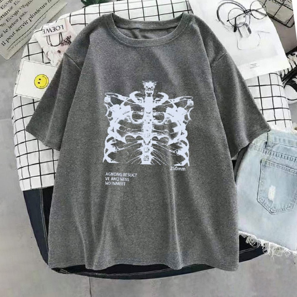 Skeleton Chest Grunge Aesthetic T-shirt - Grey / XS -