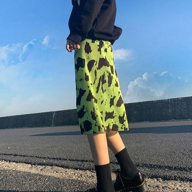 Pleated with fluorescent green leopard skirt - Skirt