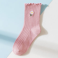 Solid Color Little Flower Socks - Pink / One Size