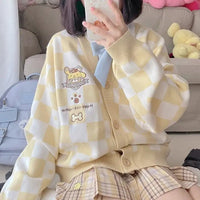 Thumbnail for Checkered With Kawaii Embroidery Cardigan - Cardigans