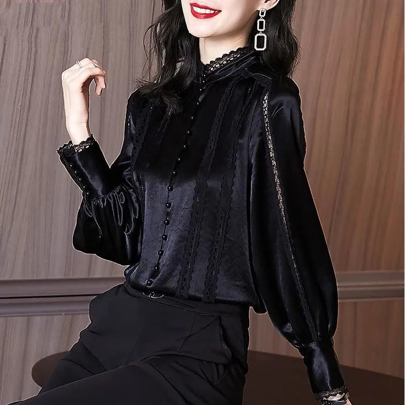 Puff Sleeve Lace Spliced Stand Collar Shirt - Black / M