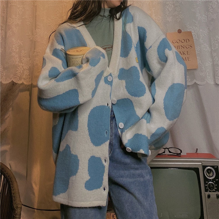 Cow Buttons Up Oversize Knitted Cardigan - Sky Blue / S
