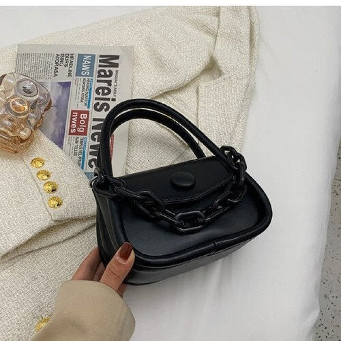 Button and Chain Contrast Color Cute Hand-bag - Black /