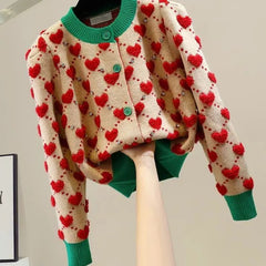 Heart Argyle O-Neck Knitted Cardigan