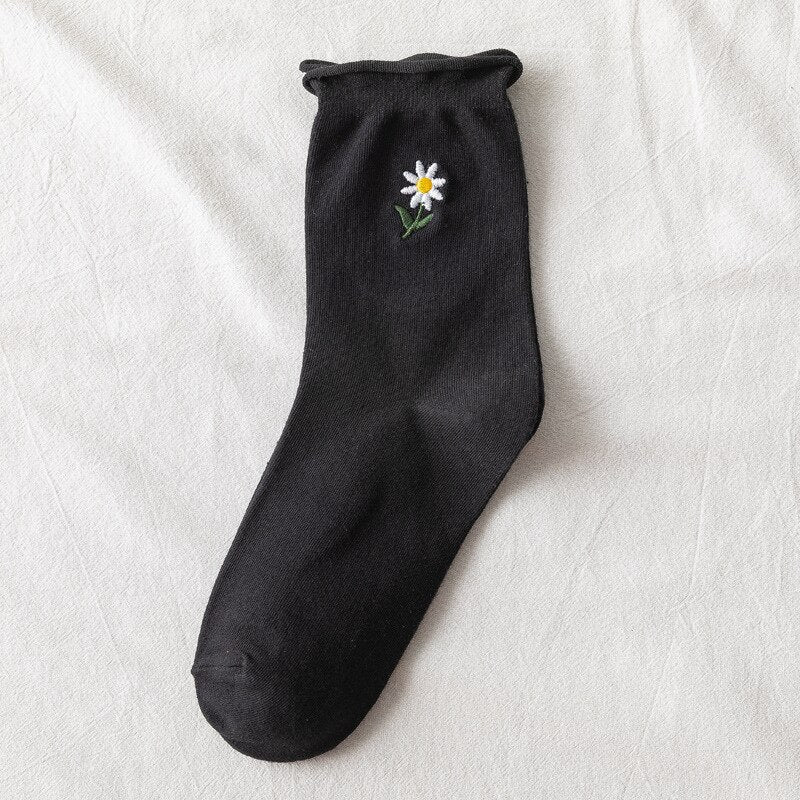 Solid Color Little Flower Socks - Black D / One Size