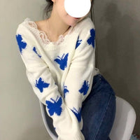 Thumbnail for Blue Butterfly Knitted Crop Top Sweater - sweater