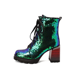 Chunky Heel Sequined Platform Shoes - Green-Sequined / 35