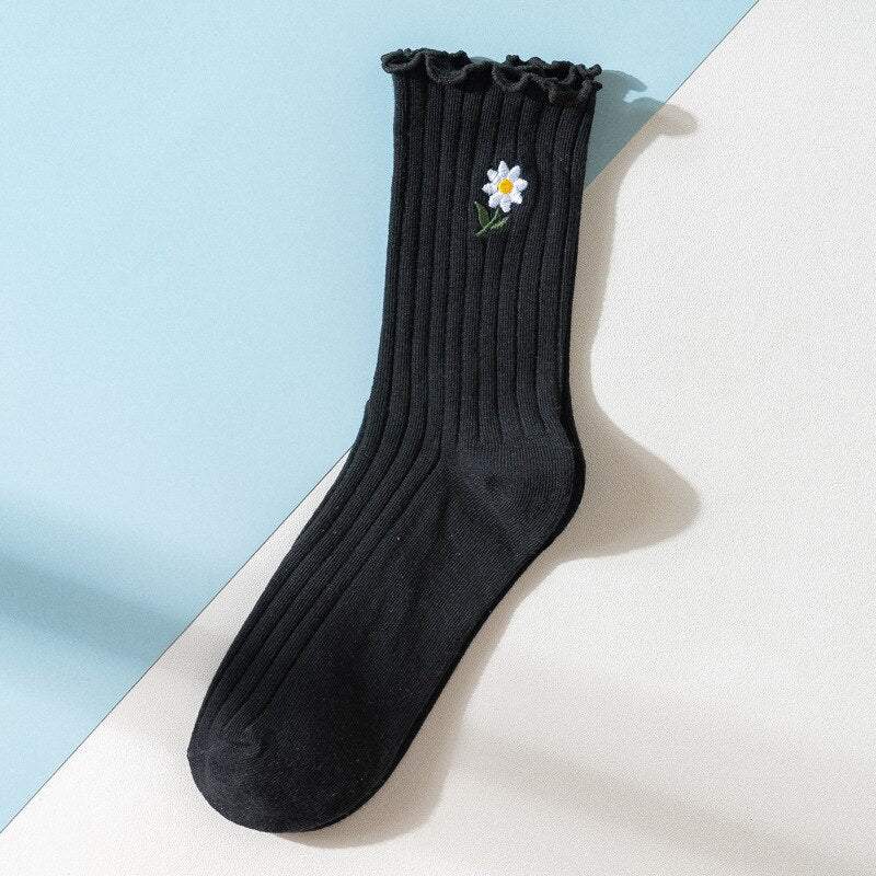 Solid Color Little Flower Socks - Black / One Size