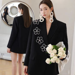 Loose Black Blazer Embellished With White Flowers