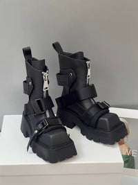 Thumbnail for Punk-Rock Zipper Buckle Short Boots