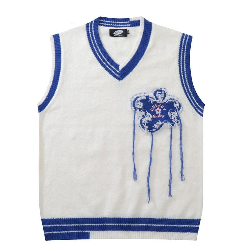 Retro Embroidery Floral Knit Vest - White / M - Knitted