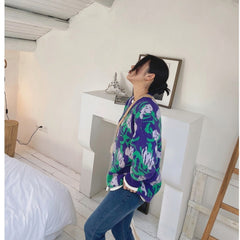 Floral Long Sleeve Oversize Sweater - Blue-Green / One Size