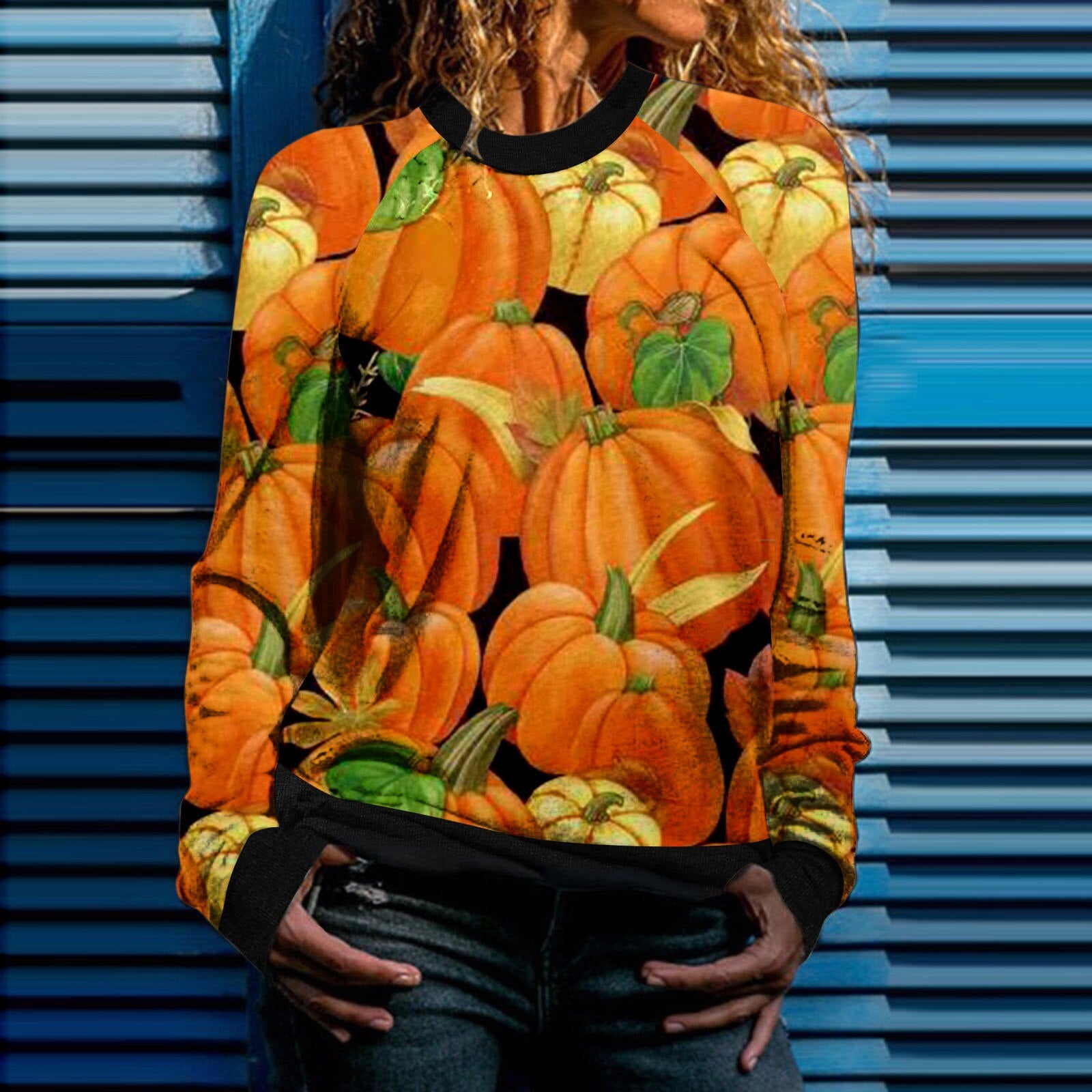 Halloween Print Long Sleeve Sweatshirt - Orange / S -