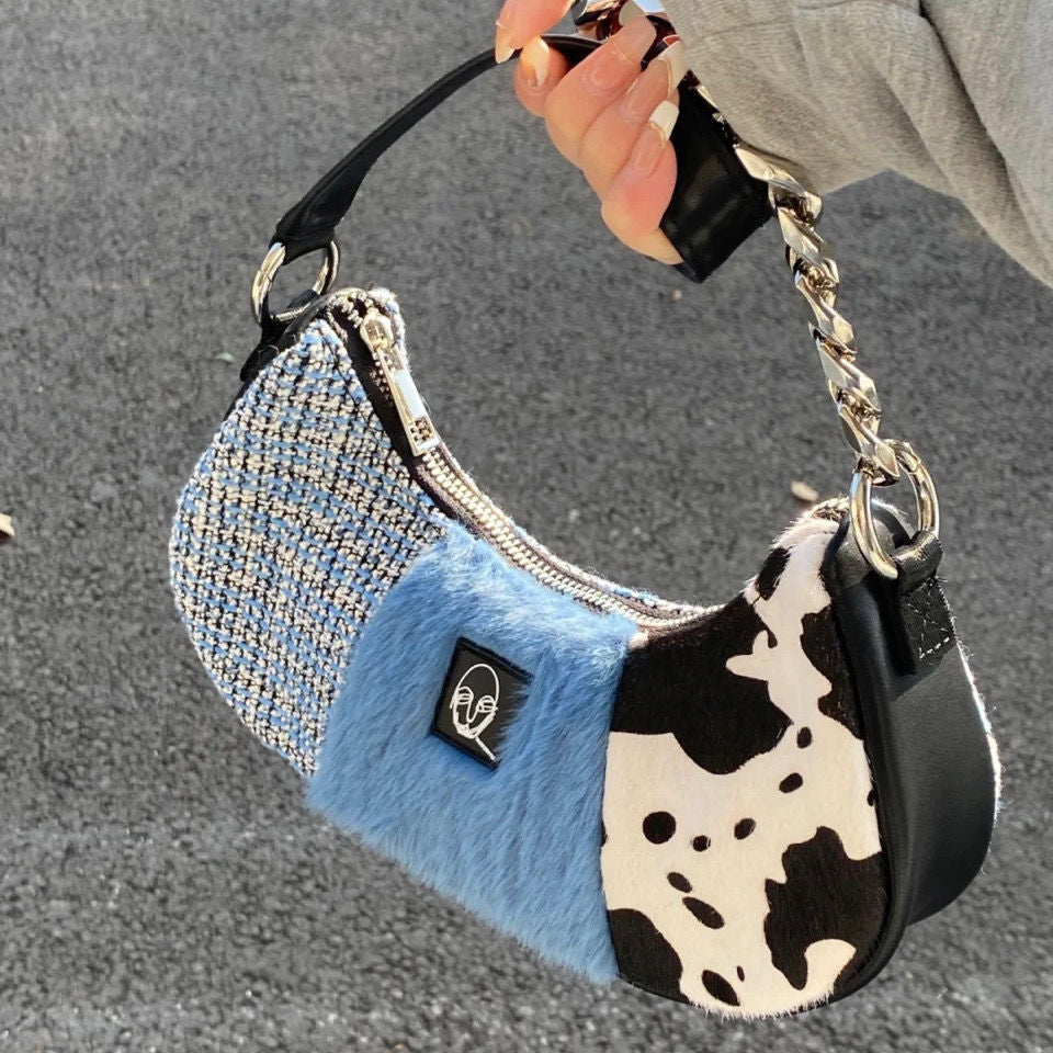 Patchwork Bag With Zip And Chains - Grey / One Size -