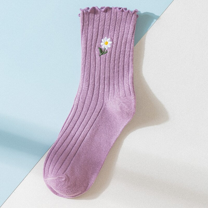Solid Color Little Flower Socks - Purple / One Size