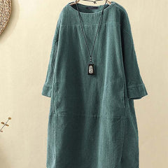 Solid Color Corduroy Kaftan Long Sleeve Dress - Green / M