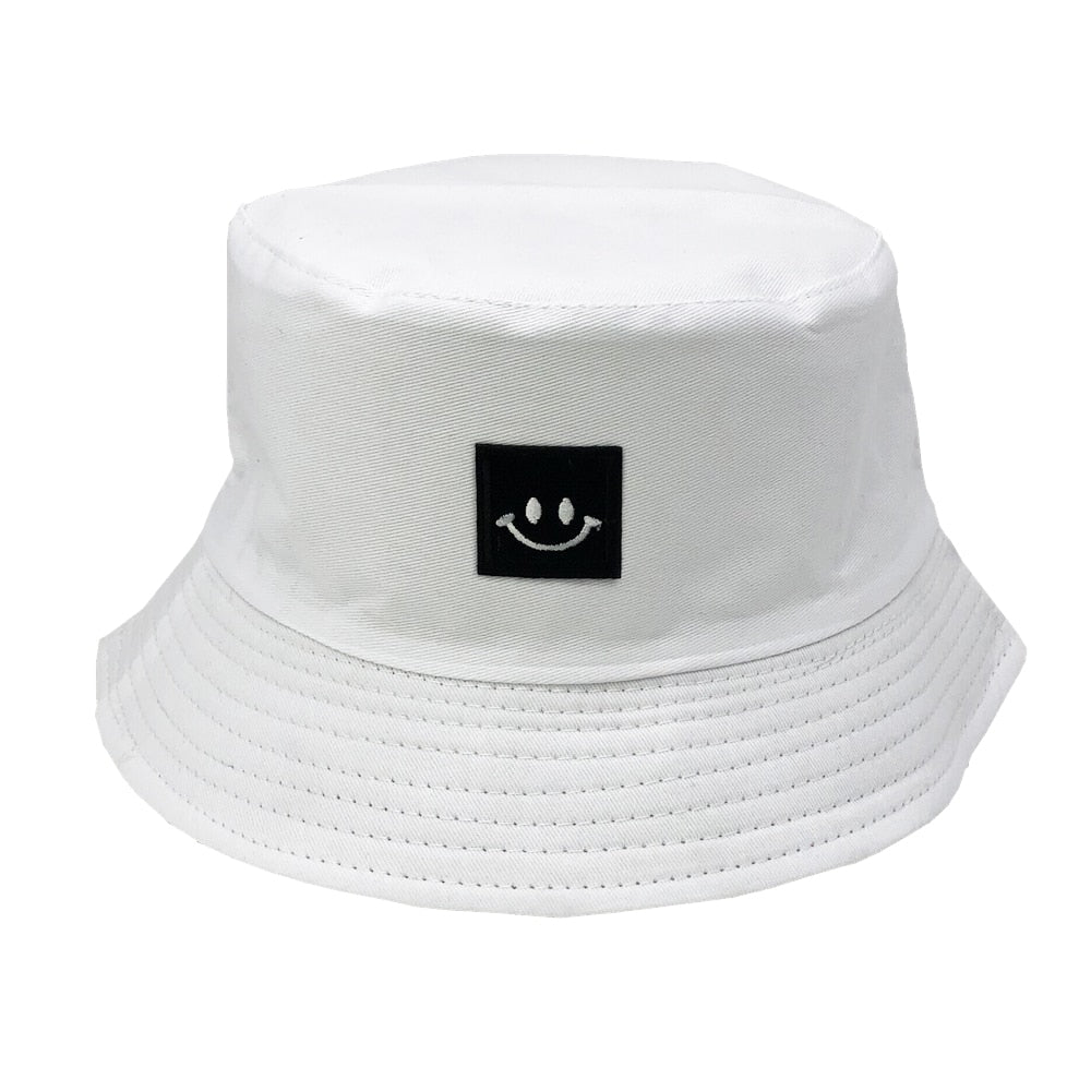 Funny Embroidered Foldable Bucket Hat - White/Smiley / One