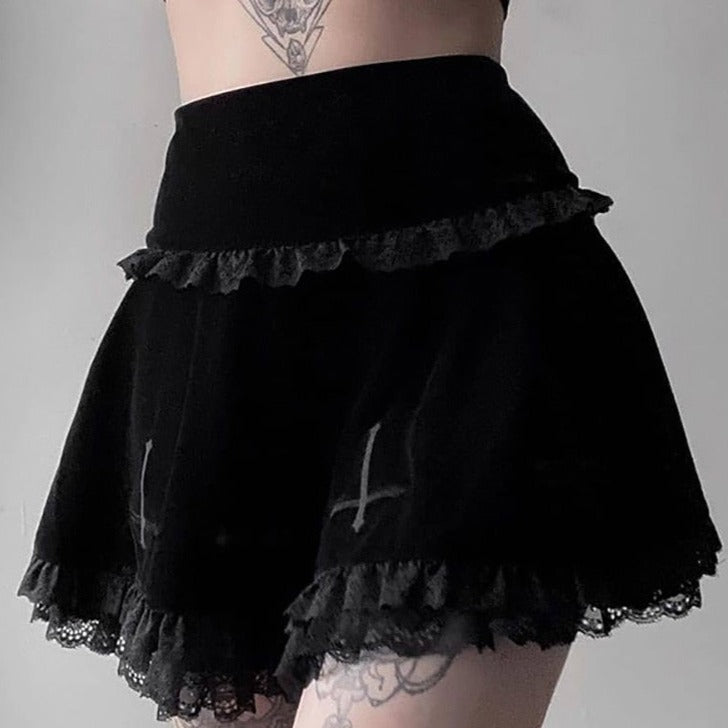 Dark Black Velvet High Waisted Lace Mini Skirt