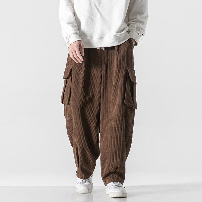 Solid Color Corduroy Oversized Sweatpants - M / brown -
