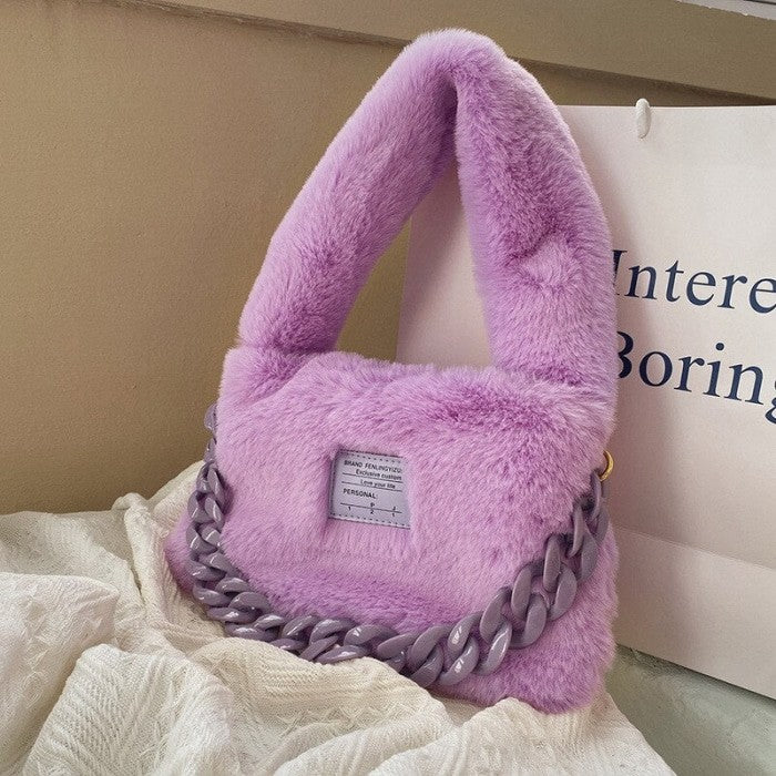Faux fur Plush Chain Shoulder Handbag - Purple - Hand Bag