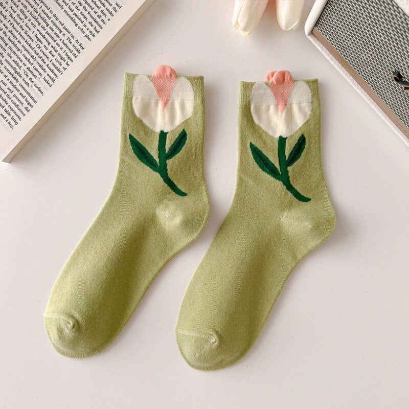Lovely Tulips Three-Dimensional Flowers Socks - Green /
