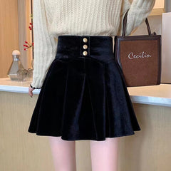 Black Velvet High Waist Pleated Mini Skirt