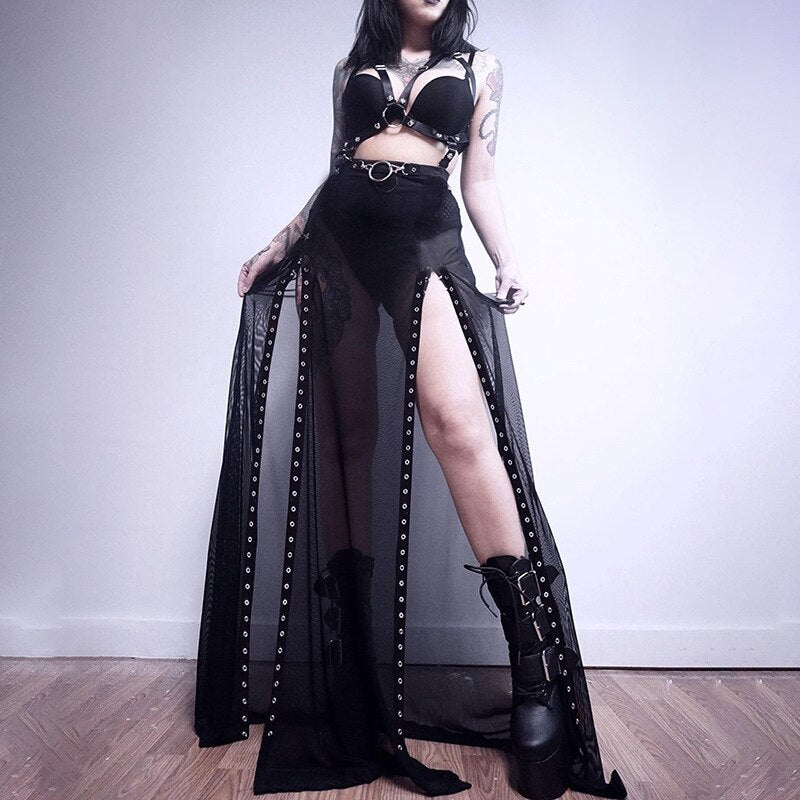 Black Gothic Punk Slit Skirts - Black-Mesh / S