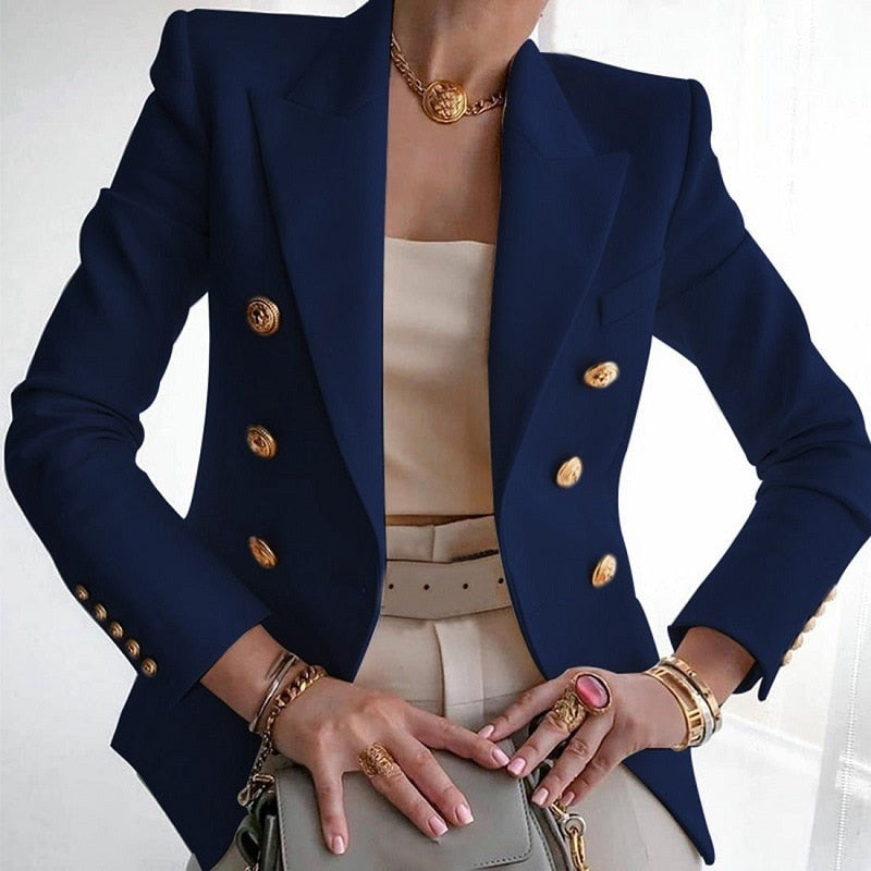 Elegant Gold Button Long Sleeve Blazer - Navy Blue / S