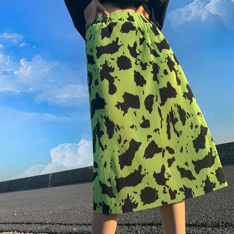 Pleated with fluorescent green leopard skirt - Fluorescent