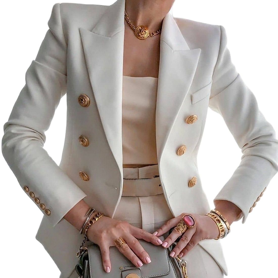 Elegant Gold Button Long Sleeve Blazer - White / S