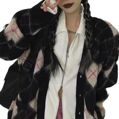 American Retro V-neck Plaid Oversize Knitted Cardigan