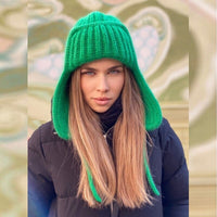 Thumbnail for Knitted Ear Protection Tethered Flanging Beanie - Green