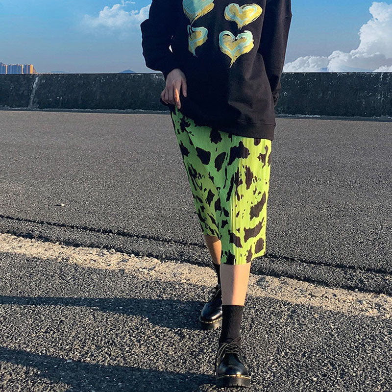 Pleated with fluorescent green leopard skirt - Skirt