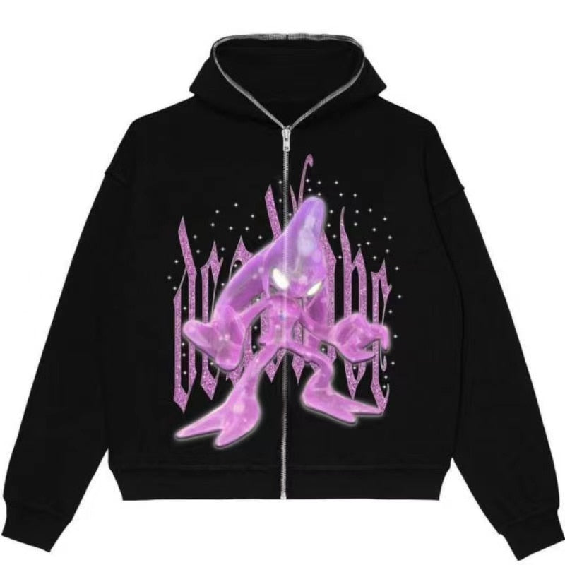 Cartoon Print Zip Up Jacket Hoodie - Black-Pink / S - hoodie