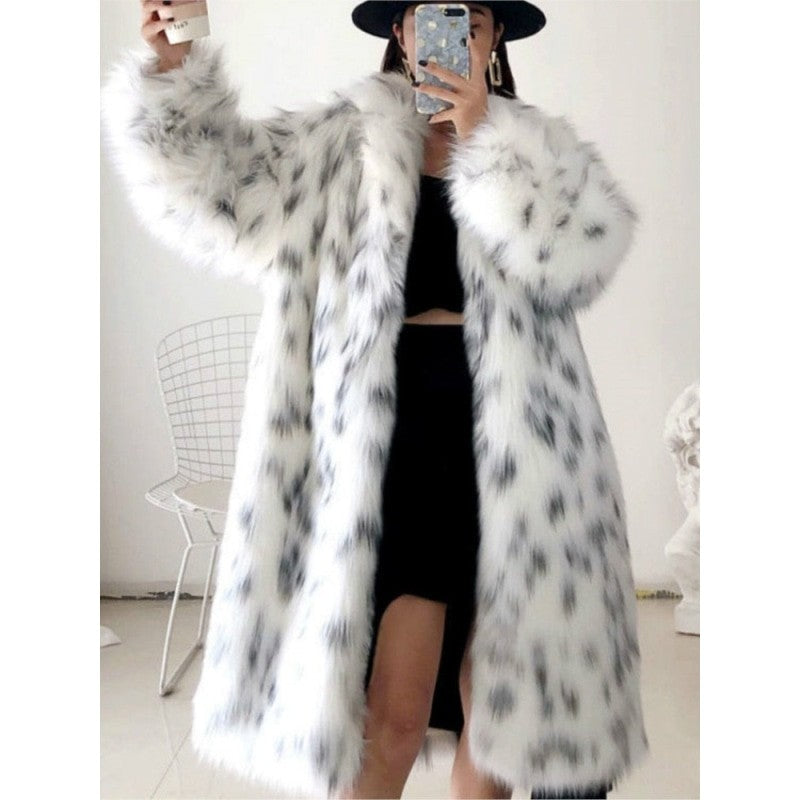 Snow Leopard Print Faux Fox Fur Coat