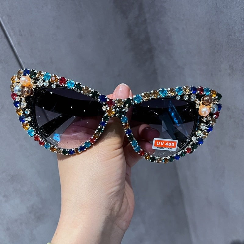 Cat Eye Embellished Crystal Sunglasses - Black / One Size