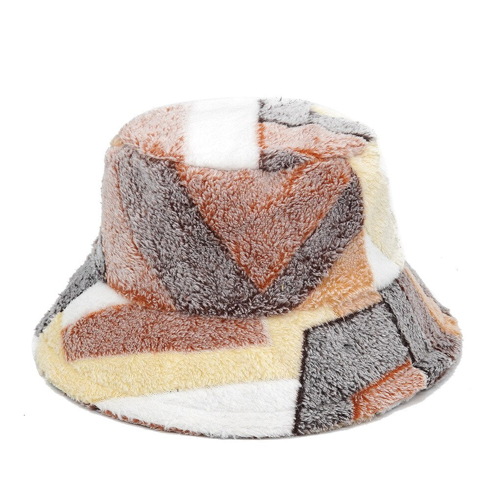 Colorful Faux Fur Bucket Hat - Black-Brown / M 56-58cm