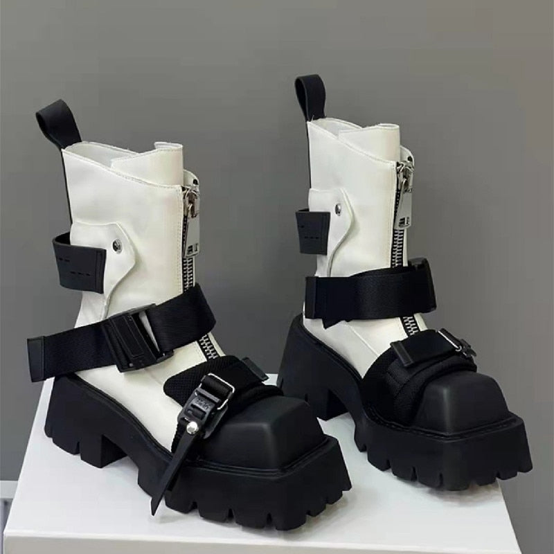 Punk-Rock Zipper Buckle Short Boots - White / 35