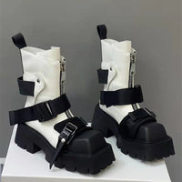 Thumbnail for Punk-Rock Zipper Buckle Short Boots - White / 35