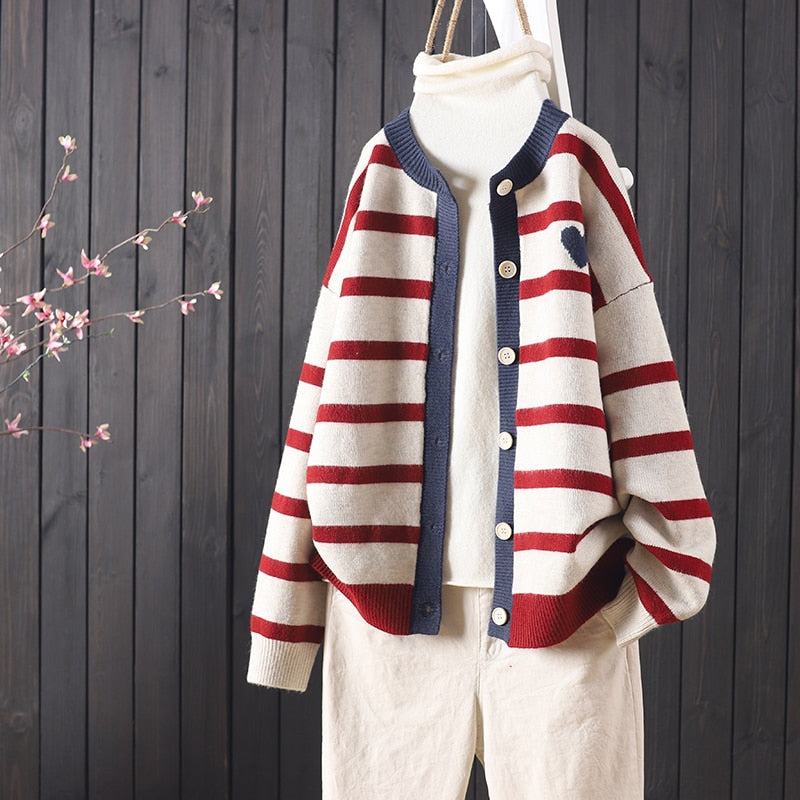 Heart and Stripes Round Neck Knitted Cardigan - Red / One